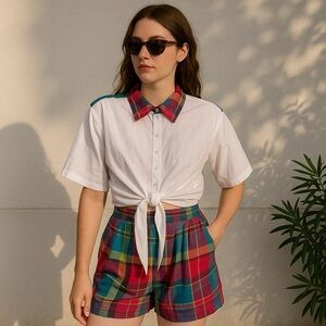 Vintage 90s Madras Plaid Print Coord Two Piece Set